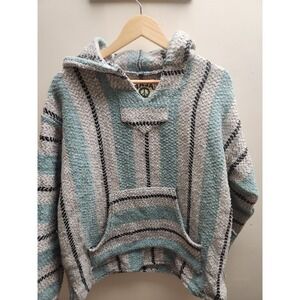 Baja Joe Mexican Drug Rug Hoodie Teal Grey Striped Woven Pullover Mens Small